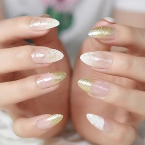 Valse nagels 24 -stcs mode transparante acryl nagel naalstiletto Frans gericht met gouden glitter full cover manicure gereedschap z934