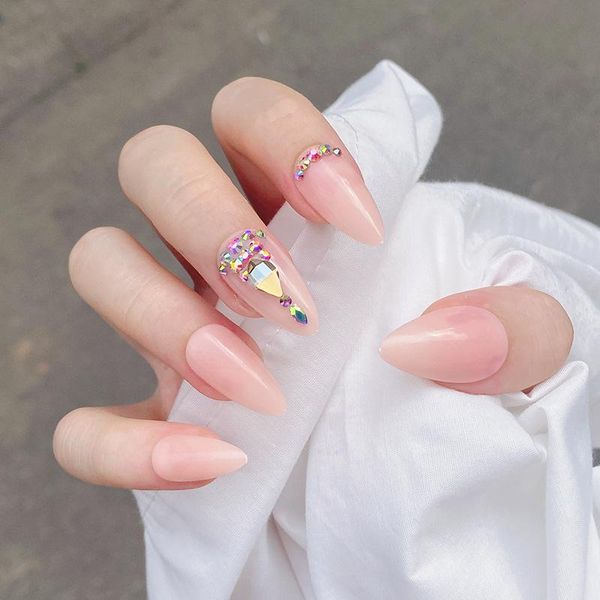 Uñas postizas, 24 Uds., parche para uñas postizas de color rosa carne, tipo pegamento, diamantes de imitación con incrustaciones, manicura de moda de párrafo largo extraíble -VL16