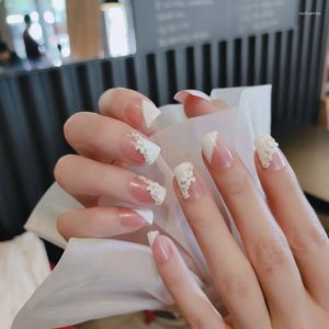 Faux ongles 24 pièces fleur imprimé Patch tête carrée Type de colle mi-longueur paragraphe mode manucure amovible