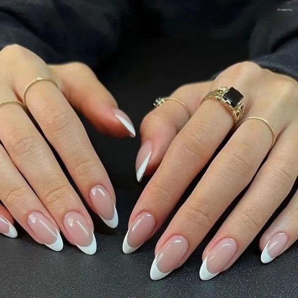 Uñas postizas 24 piezas de almendra francesa falsa con pegatinas de gelatina Presione en el diseño de borde blanco Puntas de uñas de estilete simples usables