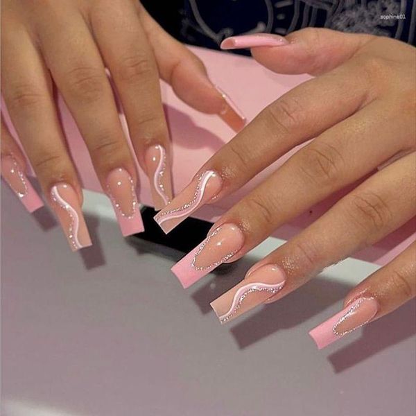 Faux ongles 24 pièces ballerine française ongles manucure artificielle rose paillettes lignes surlongueur couverture complète portable presse sur les conseils