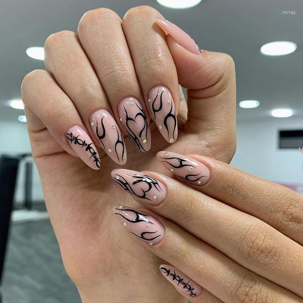 Faux Nails 24pcs Image de coeur noir français Design Crystal Design Summer Dovitable Press on With Jelly Stickers Nail Art Tips G77