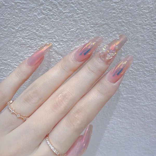 Falsas Nails 24 unids French Fake Long Art Nail Tips Press Stick On con diseños Cubierta completa Artificial Pink Wearable Clear