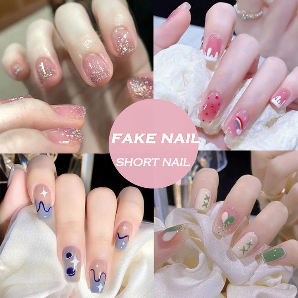 Uñas postizas 24 unids French Fake Short Art Nail Tips Press Stick on con diseños Cubierta completa Artificial Pink Wearable Clear 230922