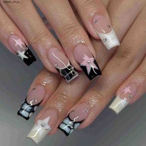 Valse nagels 24 -stcs Franse valse nagel met sterrenpatroonontwerp vierkante kop kunstmatige nagel voor dame dagelijkse draagbare afneembare pers op nagels y240419 y240419