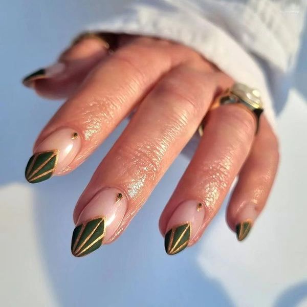Faux ongles 24pcs feuille d'or français artificiel rétro vert pour dame fille portable presse sur patch adhésif amovible