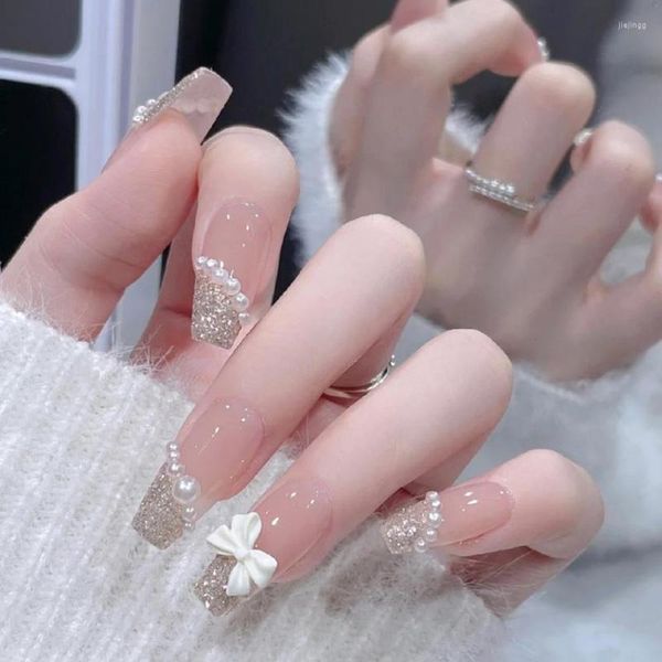 Faux Ongles 24pcs French Pearl Design White Bow Glitter Poudre Faux Amovible Réutilisable Adhésif