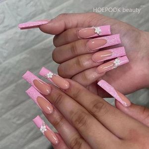 Valse nagels 24 stks Franse roze bloem glitter herbruikbare lange T na naadloze verwijderbare ballet nep kunstpers op nagel met ontwerpen