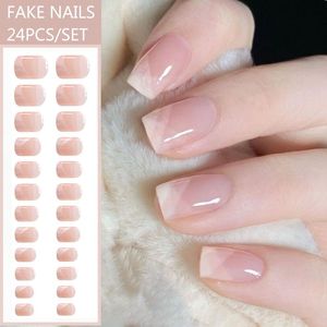 Faux Nails 24pcs French Press sur Fake Nalis réutilisable avec design rose avec des pointes de cloue à couverture complète portable