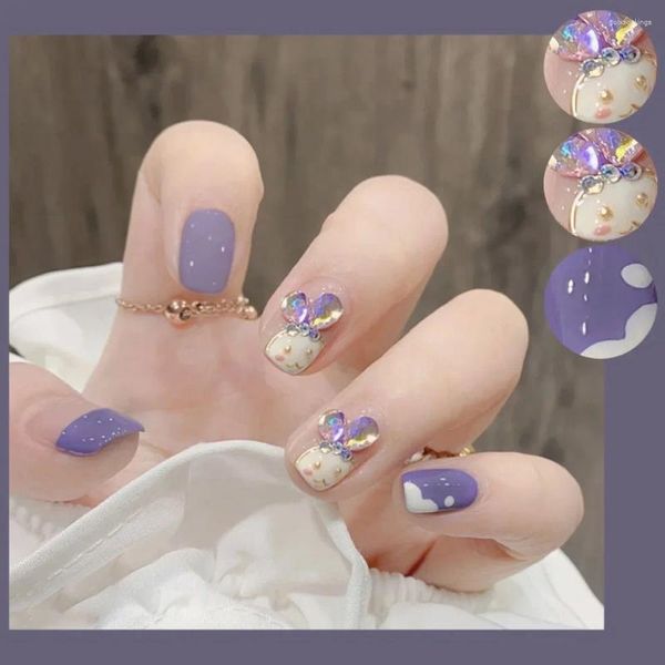 Faux ongles 24pcs français Y2K presse sur cercueil ongles conseils portable faux avec des dessins de strass violets mignons