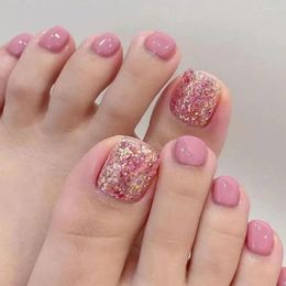 Valse nagels 24 -stcs meisjes vierkant teen voet tips volledige dekking nep teennagels Franse roze glitter