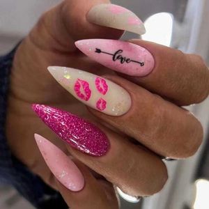 Valse nagels 24 -stcs glitter amandel valse nagels lange stiletto nep nagels met rode lippen ontwerpen draagbare pers op nagels dame nagel tips t240507