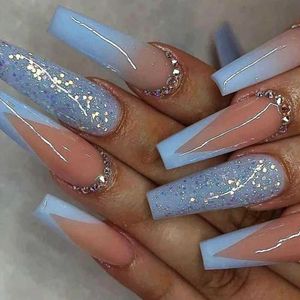Valse nagels 24 -stcs glitter blauwe valse nagels lange ballet nep nagels met strass draagbare Franse pers op nagels draagbare nail art tips t240507