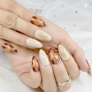 Falsas Nails 24 unids Glitter Caramelo Acrílico Nail Light Khaki Stiletto DIY Art Full Cover Tip Manicura Herramienta