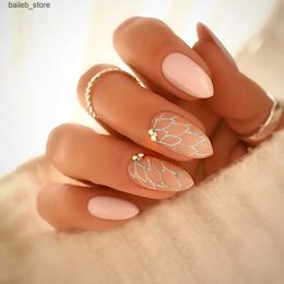 Valse nagels 24 -stcs glitter kristal decor valse nagels amandel naakt kleur pers op nagel tips voor meisjes vrouwen volledige cover manicure nagelpatches y240419 y240419