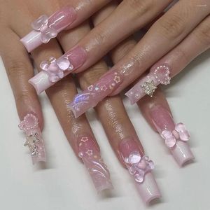 Kunstnagels 24 stuks glitter lange vlinder ontwerp Franse draagbare nageltips met lijm roze kleur pers op vrouwen diy manicure