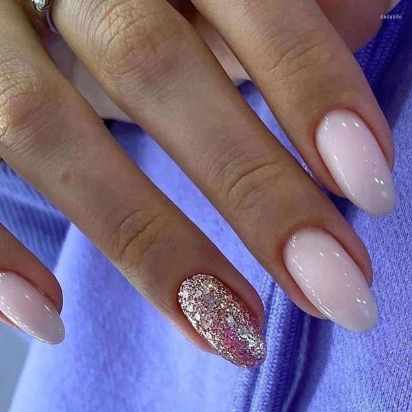 Uñas postizas 24 piezas Brillo Desnudo Desmontable Almendra Corto Usable Francés Stiletto Falso Cubierta completa Puntas de uñas Prensa