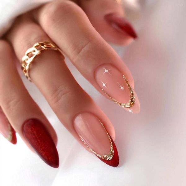 Uñas postizas 24 piezas Glitter Red Gold Sequins Full Cover Almond Fake Manicure Set Puntas acrílicas francesas para niñas y mujeres