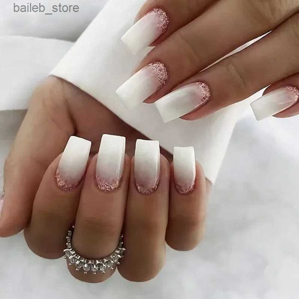 Faux ongles 24pcs paillettes Ballet court faux ongles marbre gradient blanc avec design français portable faux ongles art presse sur les pointes des ongles y240419