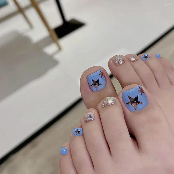 Uñas postizas 24 Uds Glitter Y2k estilo uñas postizas patrón de estrella genial acrílico Artificial INS Girl DIY puntas para uñas de los pies