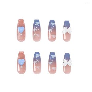 Faux ongles 24 pièces brillant dégradé bleu ongles longs amour arc faux pour femmes fille conseils de unha