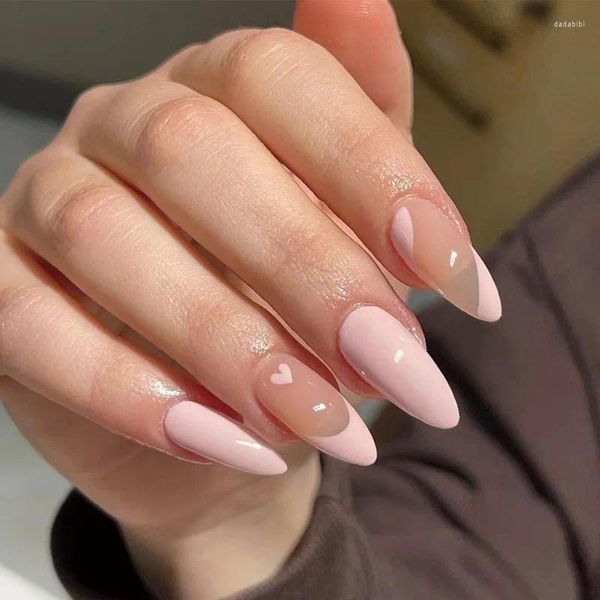 Faux ongles 24 pièces rose brillant français portable Nail Art détachable Stiletto pointu mignon fini presse avec ensemble de colle