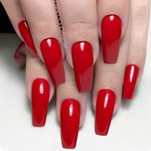 Faux ongles 24pcs brillant rouge artificiel presse sur longue ballerine cercueil faux avec gelée colle bricolage couverture complète outil de manucure