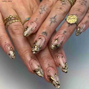 Uñas falsas 24 piezas de oro barroco uñas falsas parche patrón de estrella de oro francés Almond de uñas falsas niñas portátiles Press en puntas de uñas Juegos de manicura Y240419 Y240419