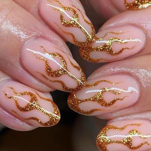 Faux ongles 24pcs paillettes d'or couverture complète français faux court amande clair portable ballet presse sur manucure ongles conseils