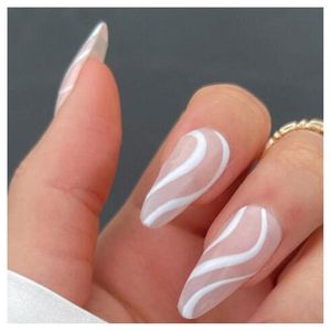 Faux ongles 24 pièces or paillettes blanc vague presse sur ongles Patch court paragraphe tête pointue manucure gagner du temps