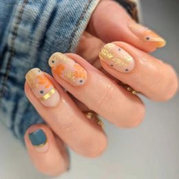 Valse nagels 24 -stks gouden bladeren nep nagelspatch herfst bruin valse nagel volledige hoes manicure sets kunstmatige acryl nagels tips voor meisje geschenken y240419