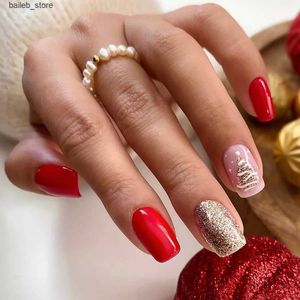 Valse nagels 24 stks gouden kerstboom nep nagel patch kerst rood valse nagel volledige hoes afneembare kunstmatige nageltips voor meisje nieuwjaar geschenken y240419 y240419
