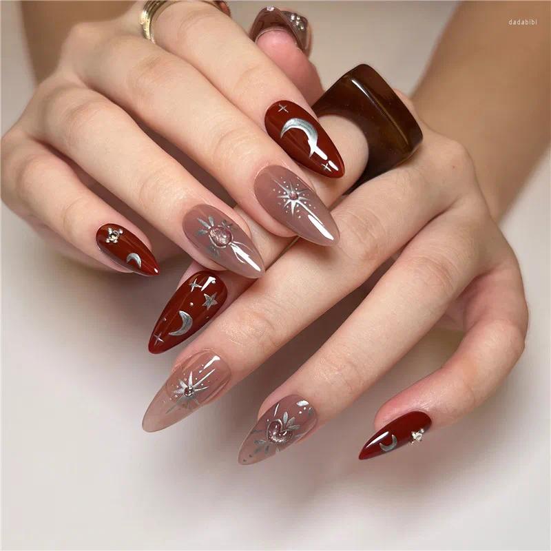 False Nails 24st Gothic Moon Star Long Fake Full Cover Nail Tips Press On Diy Manicure Vintage French Almond Artificial