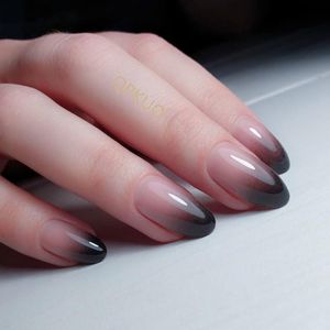 Faux Ongles 24 Pcs Gradient Noir Français Faux Ongles Avec Rose Jelly Glue Ovale Artificielle DIY Appuyez Sur Le Bout Du Doigt Manucure ToolFalse