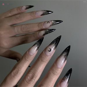 Falsas uñas 24 unids gradiente negro stiletto falso luna impresa prensa en largo usable para mujeres niñas fiesta de halloween