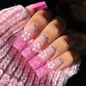 Valse nagels 24 -stcs gradiënt valse nagels lange ballet vierkant nep nagels met sakura ontwerp glitter diamant pers op nagels manicure tips t240507