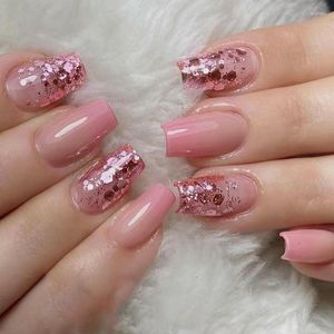 Faux ongles 24 pièces dégradé rose court ballet faux ongles avec paillettes design portable presse sur couverture complète manucure conseils