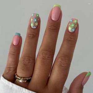 Valse nagels 24 -stks groene bloemen vierkant kort draagbaar Frans schattige afneembare nep nep nagel nagel tips druk op
