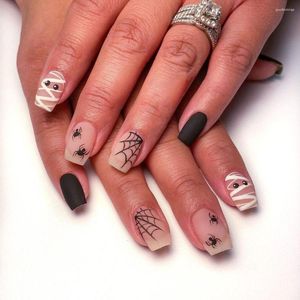 Uñas postizas 24 piezas Halloween Calabazas de dibujos animados franceses Arañas negras Presione sobre puntas de uñas desmontables de manicura DIY falsas