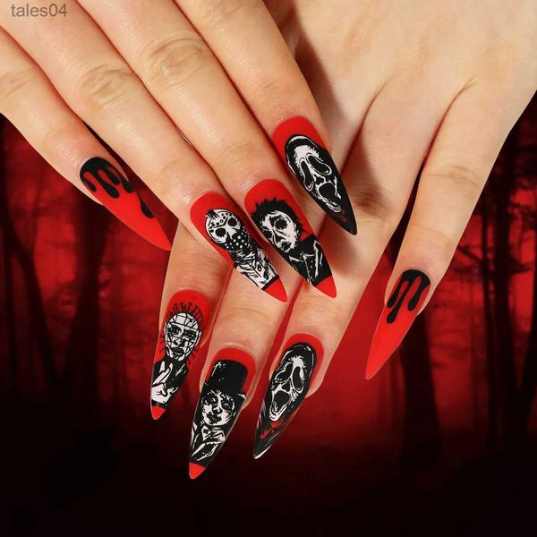 Uñas postizas 24 piezas Halloween Prensa en uñas Estilete largo Uñas postizas francesas Cráneo aterrador Esqueleto Rojo Cubierta completa Sangre negra Mate Uñas góticas YQ231115