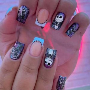 Faux Nails 24pcs Hallown Nails 2023 Horreur Skull Faux Nails Patch Coffin Head For Women Girl Nail Art Decor Full Cover Hallown Gifts T240507