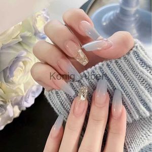 Valse nagels 24 -stcs Haze Blue Dot Diamond nep nagels druk op nagelontwerpen kunst lange tips valse vormen met lijmstickstickers herbruikbare set x0818