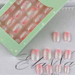 Uñas postizas 24PCS Niños Prensa falsa para niños en Nail Art Rosa Lindo Dulce Bonito Brillo Acrílico