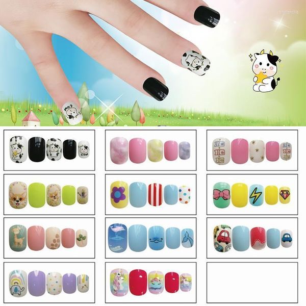 Faux ongles 24 pièces enfants enfants fille faux vaches couverture complète mignon dessin animé ongles conseils Animal Image détachable Art outil Prud22