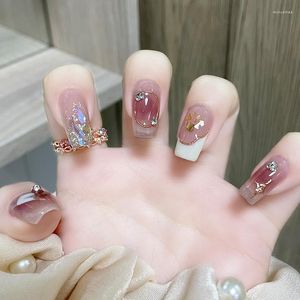 Faux ongles 24 pièces coréen doux faux ongles Patch paillettes violet complet fini pour fille femmes Art presse sur