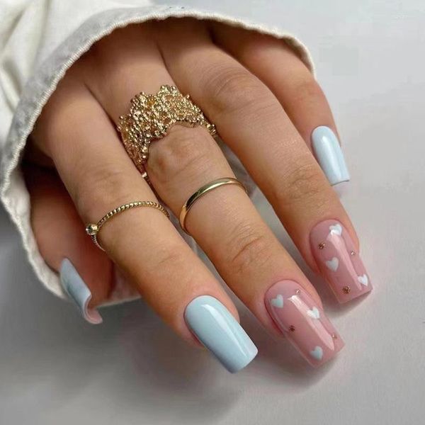 Faux ongles 24 pièces bleu clair presse sur cercueil faux amour coeur imprimé portable couverture complète femmes beaux ongles artificiels conseils