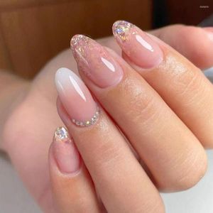 Valse nagels 24 stcs lange amandel Franse gradiënt glitter glitter kristal nep nials druk op volledige deksel nagel tips afneembaar diy manicure