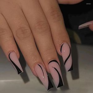 Uñas postizas 24 piezas Bailarina larga Falso Y2k con diseños Cubierta completa Negro Rosa Prensa en puntas de uñas Kits de acrílico