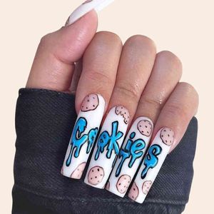 Faux ongles 24 pièces ballerine longue faux ongles dessin animé Cookie conception cercueil artificiel faux avec colle couverture complète conseils appuyez sur 220225