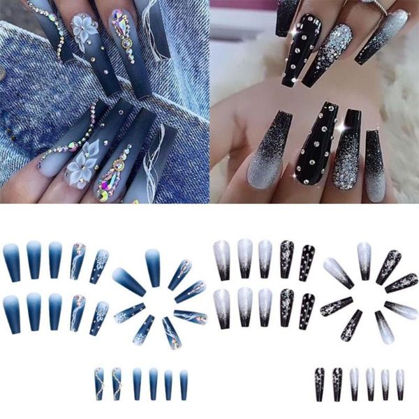 Faux ongles 24pcs ballerine longue française changement progressif strass couverture complète pointes d'ongles détachables